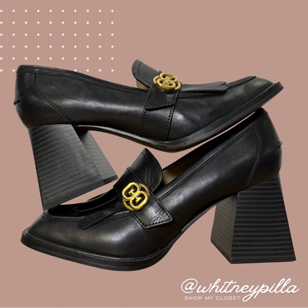 Sam Edelman Black Leather Block Heel Loafers with Gold Hardware